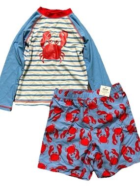 Toddler Boy Little Me Swim Trunks Rash Guard Red White Blue Crabs Size 4T